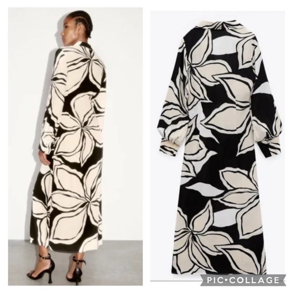Zara Black & Ecru Floral Midi Shirtdress Size Small NWT - Picture 14 of 15
